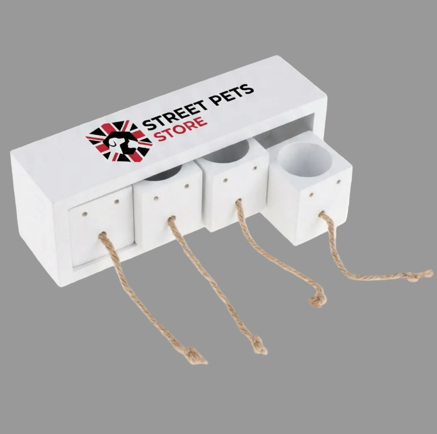 White pet toy with ropes and 'Street Pets Store' branding on a white background