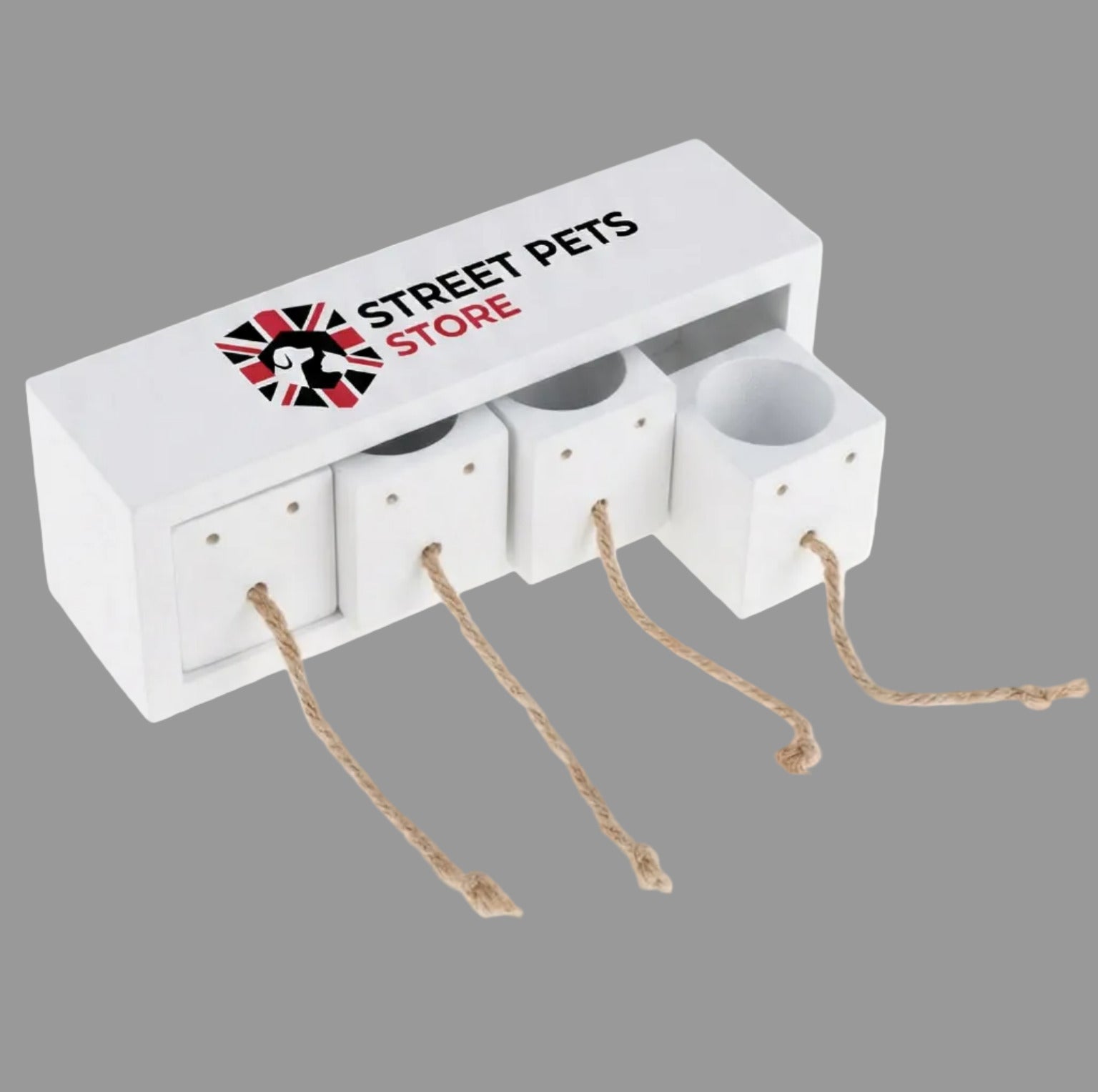 White pet toy with ropes and 'Street Pets Store' branding on a white background