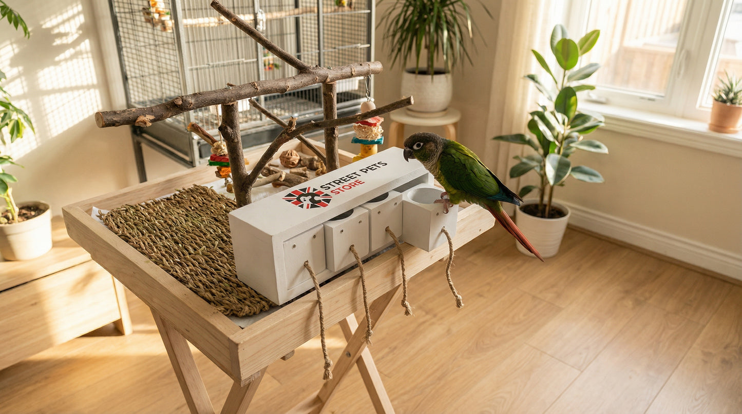 Parrot perched on a wooden stand with a white box in a room with plants and a birdcage.