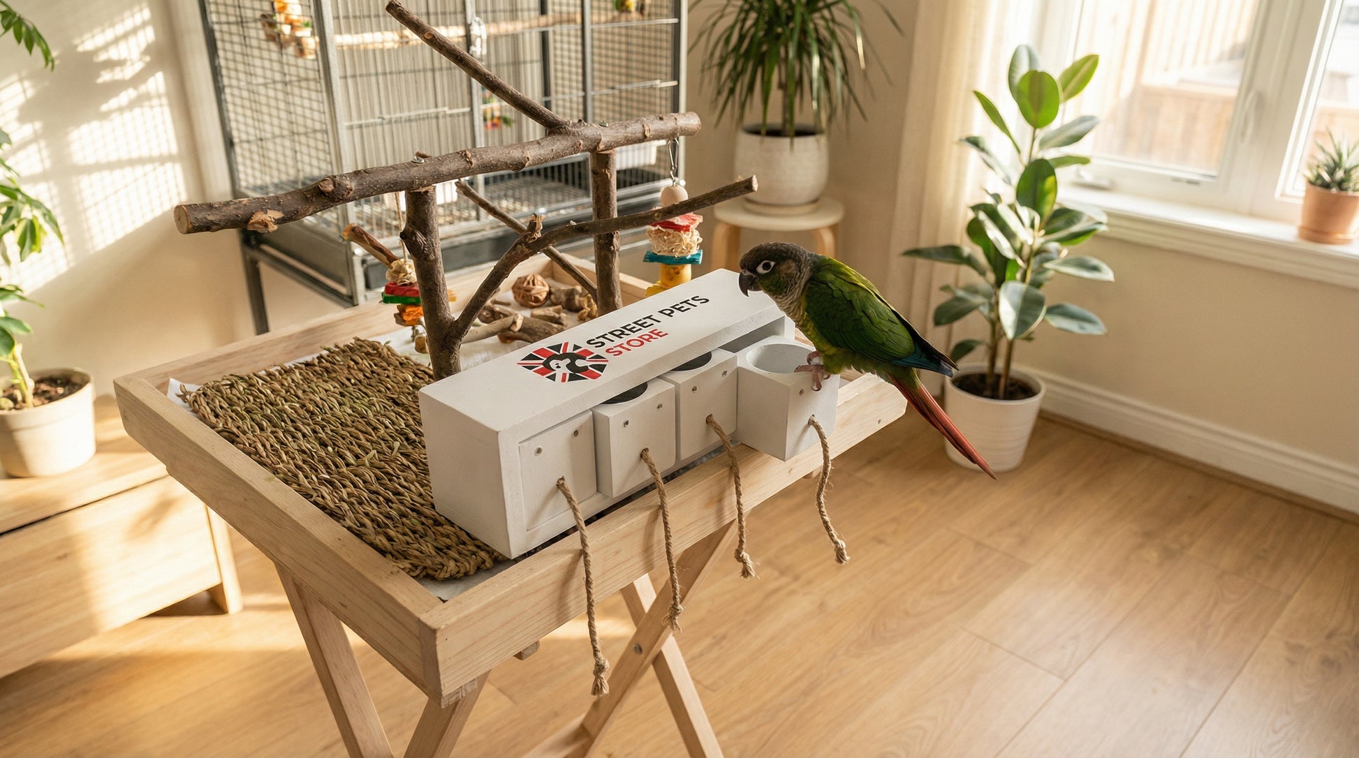 Parrot perched on a wooden stand with a white box in a room with plants and a birdcage.