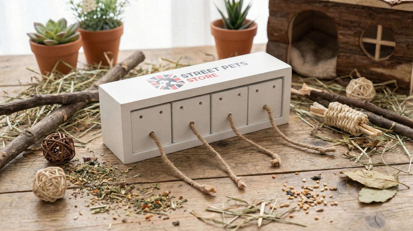 Small wooden pet toy store with ropes on a wooden surface with plants and a small house in the background.