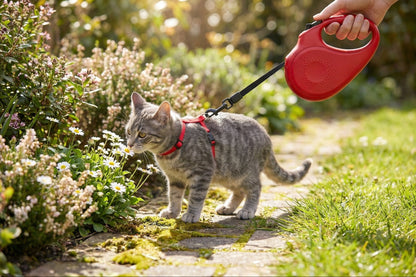 Cat on a leash being walked in a garden